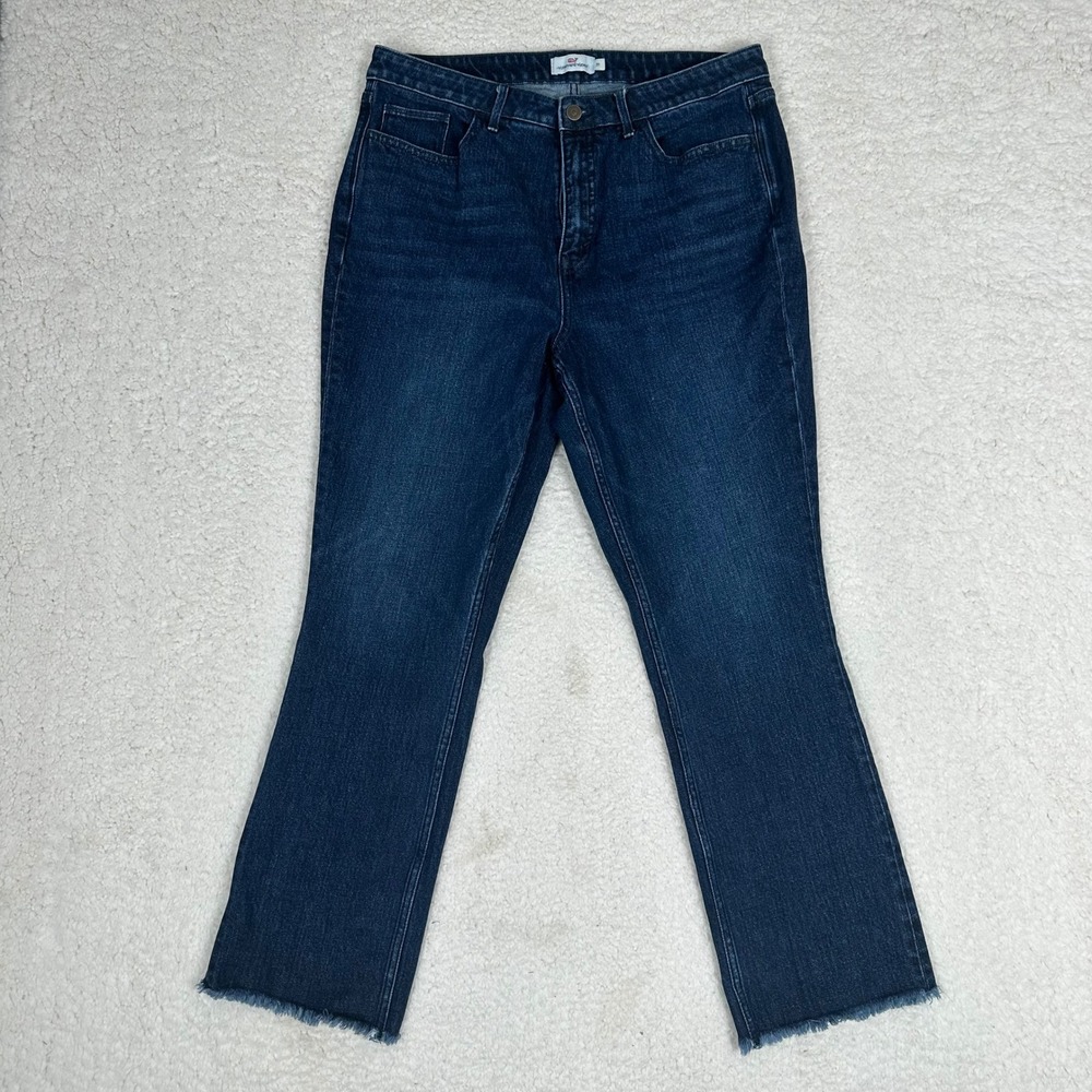 Vineyard Vines Womens 31 Flare Jeans Dark Wash Raw Hem High Rise Blue Denim